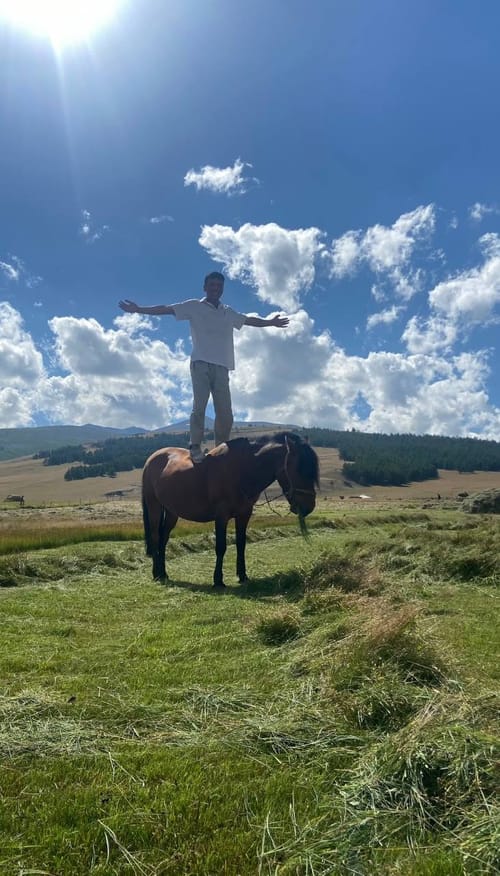 A traveler balancing on horseback, arms outstretched, in an open meadow