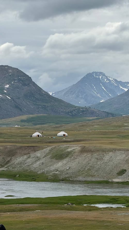 Two white gers beside a river with snow-capped Altai peaks behind