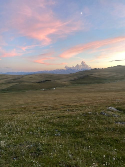 Pink sunset clouds and a crescent moon over golden steppe hills